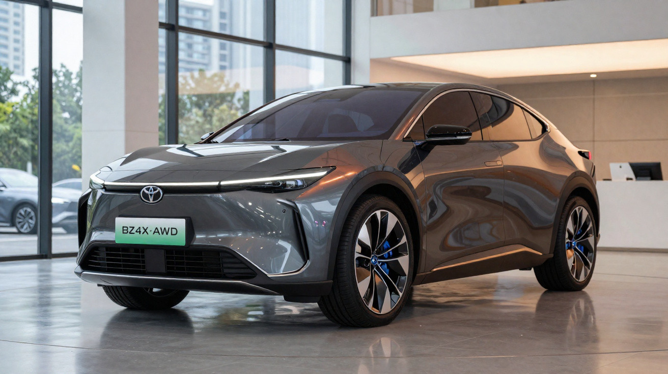 Grey Toyota BZ4X AWD electric SUV displayed indoors with reflective floor and large windows in background