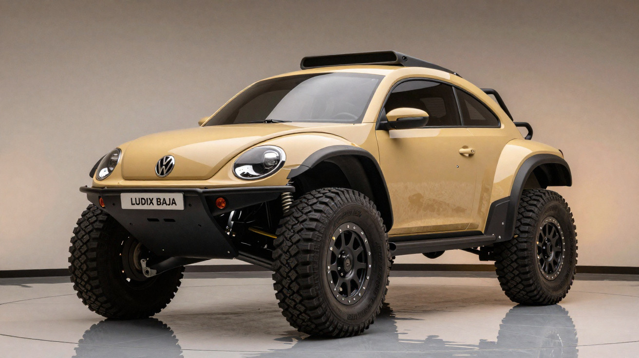 Beige Volkswagen Beetle modified with large off-road tires and raised suspension in a studio setting.