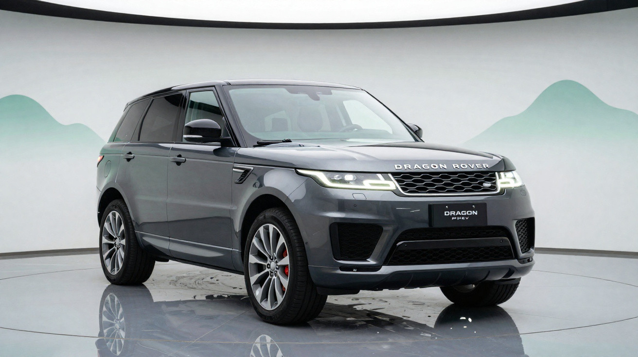 Grey Dragon Rover luxury SUV parked in studio with minimalist background and reflective floor