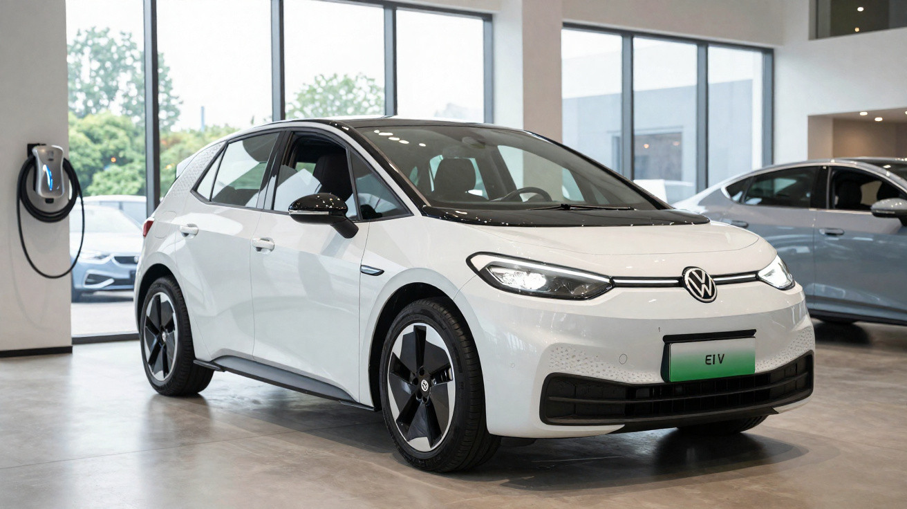 White Volkswagen electric car charging inside a brightly lit showroom with large windows.