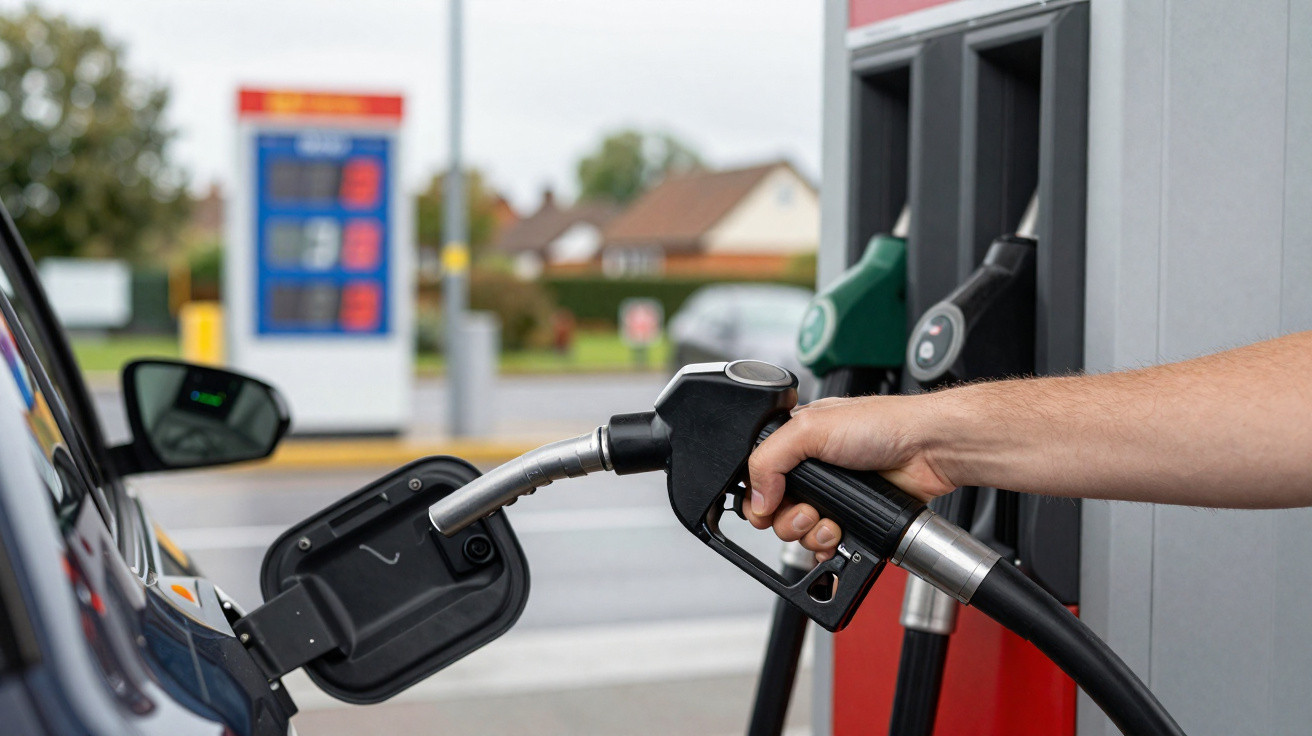Person refuelling a car with petrol at a fuel station on a cloudy day.