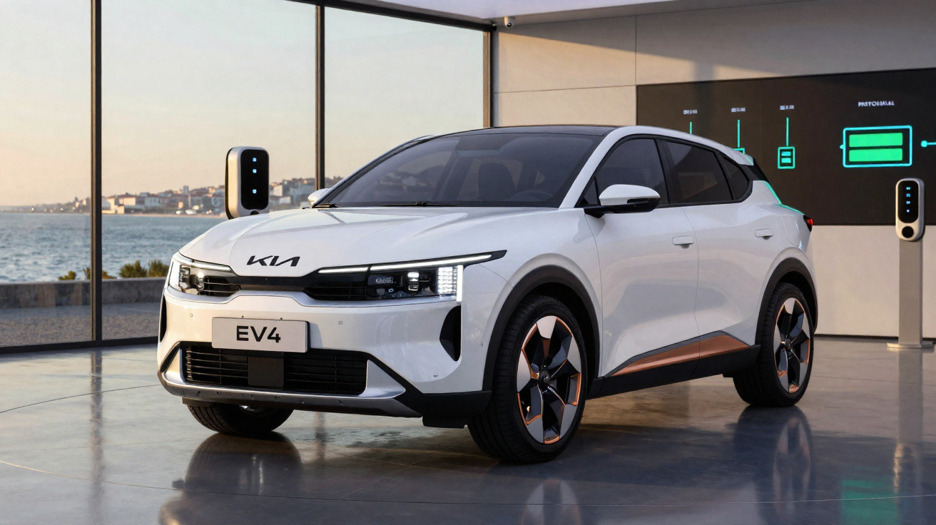 White Kia EV4 electric car displayed indoors with large windows showing a coastal view in the background.