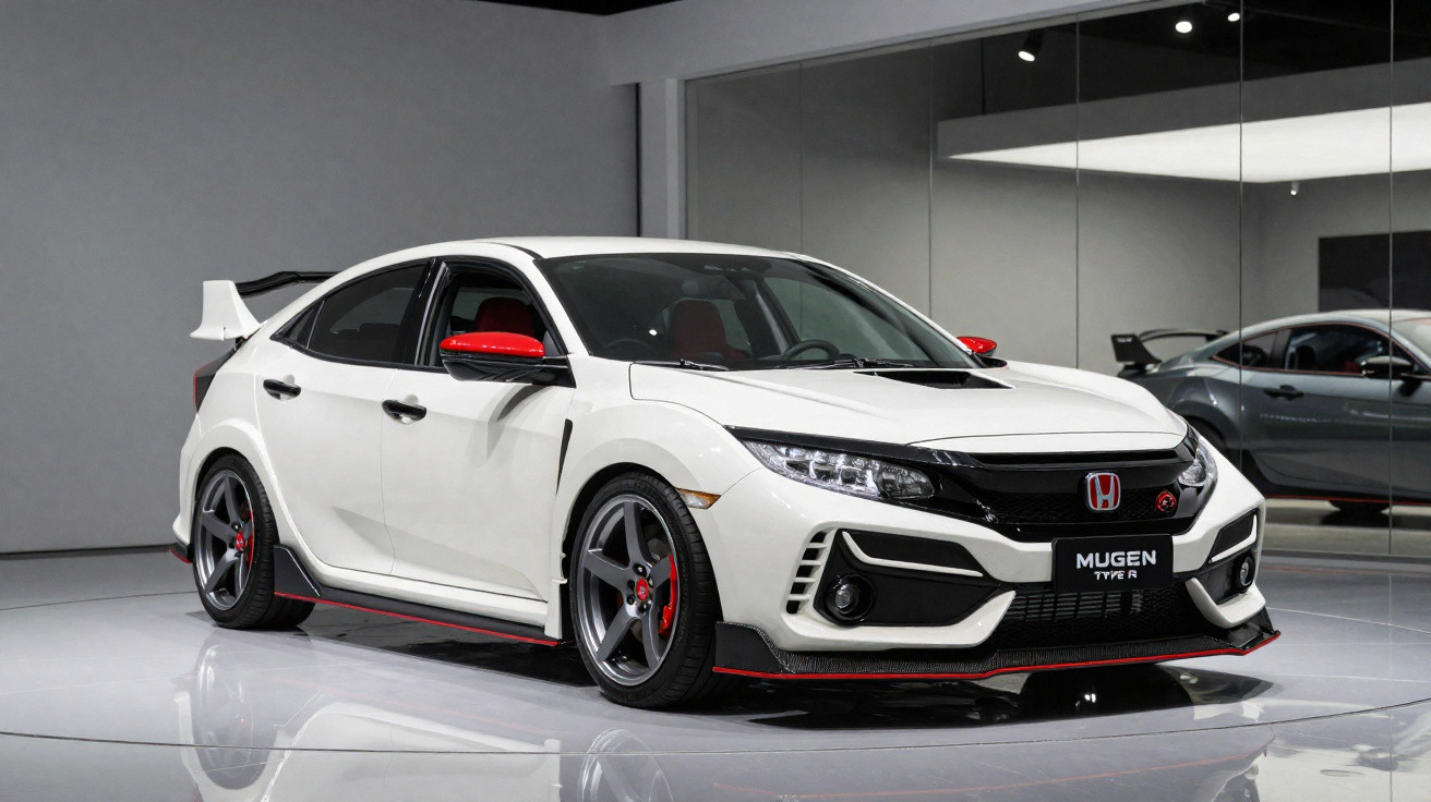White Honda Civic Type R with red accents on display in a showroom with reflective floor and mirrors.