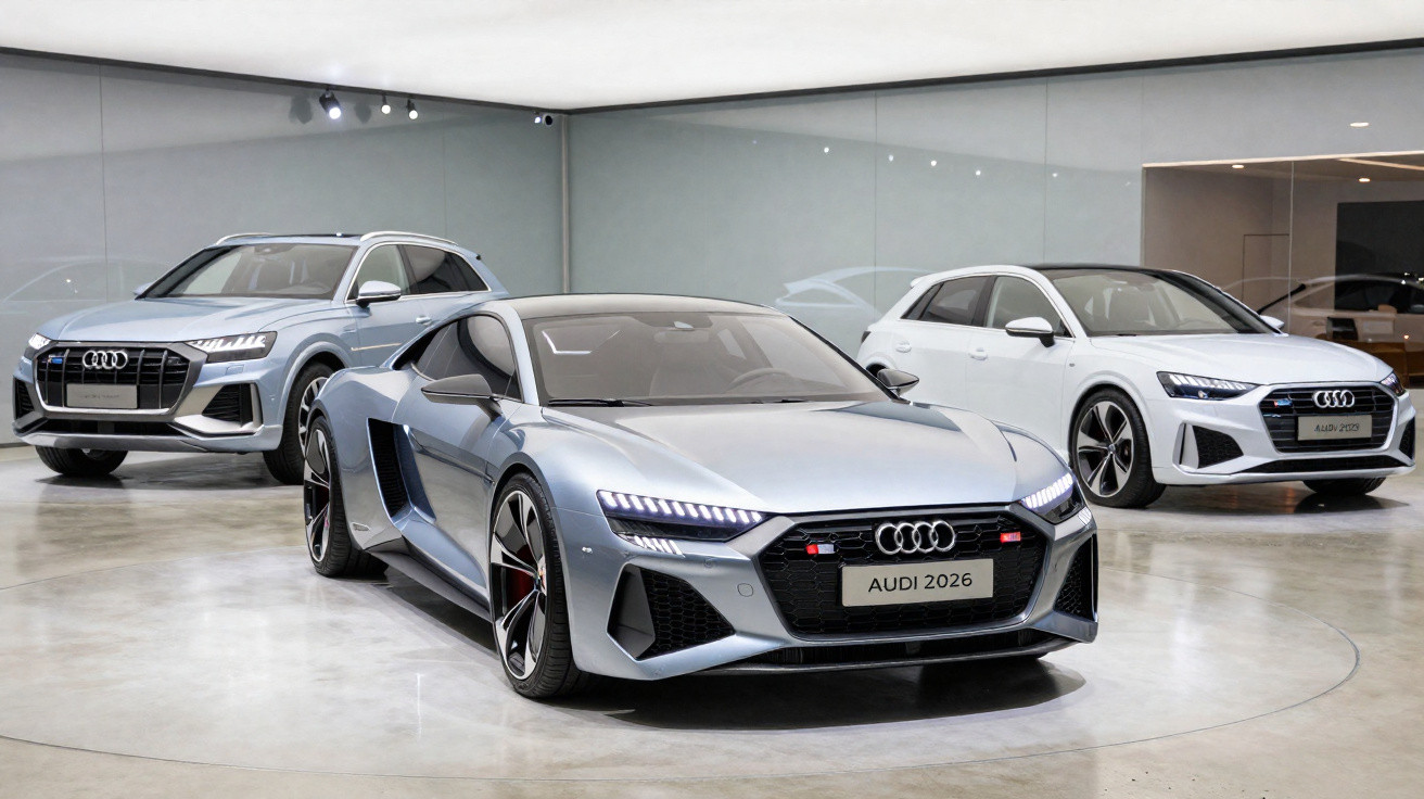 Three silver Audi cars, including a sleek 2026 sports model, displayed in a modern showroom.
