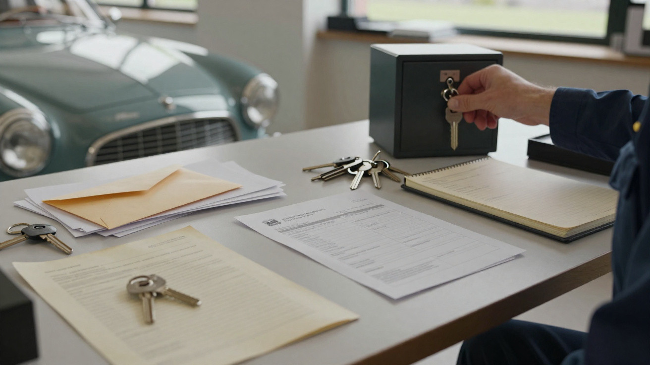 Hand inserting a key into a small safe on a desk with documents, keys, and a classic car in the background.
