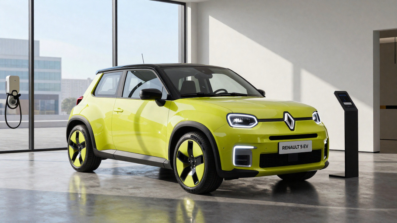 Bright yellow Renault 5 EV electric car parked indoors near a charging station and kiosk.