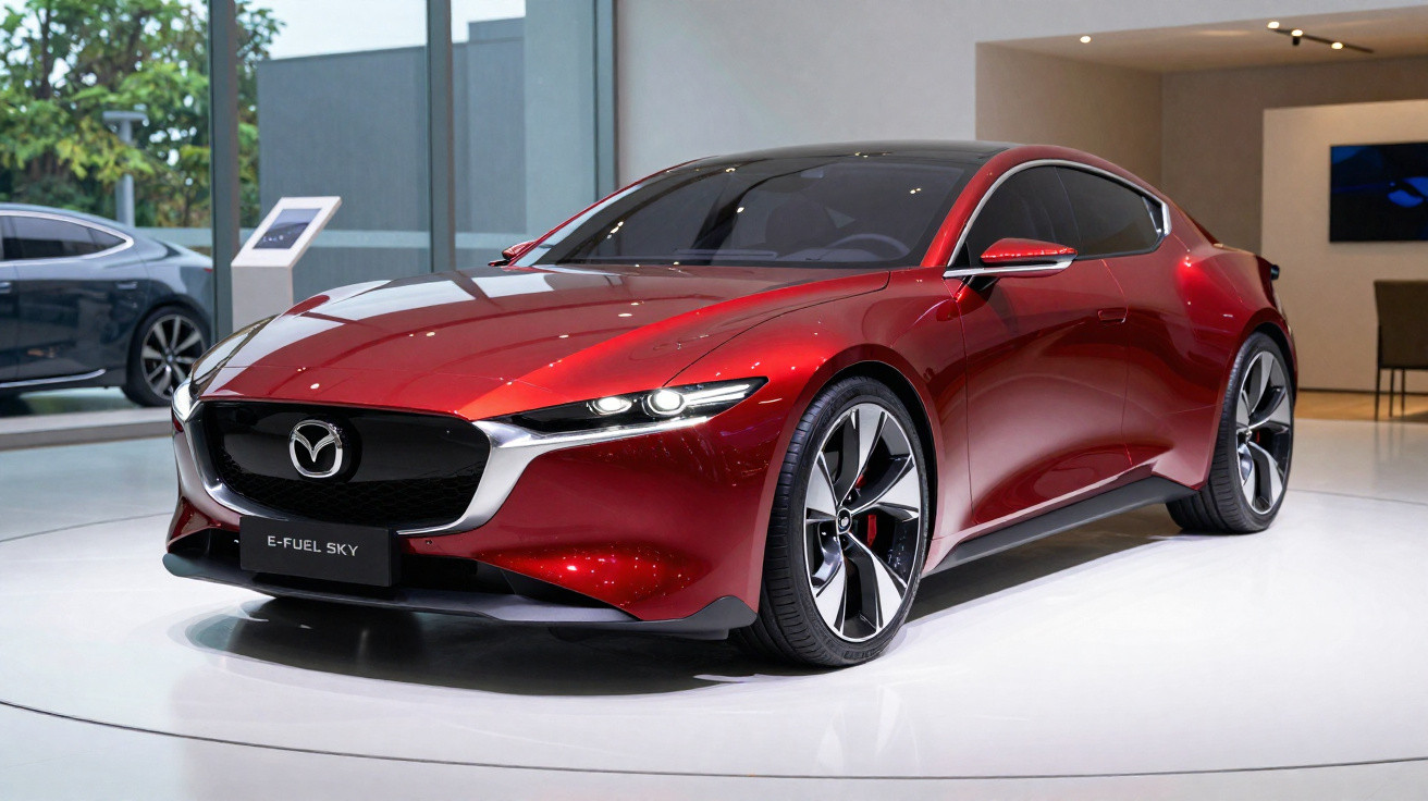 Sleek red Mazda E-Fuel Sky concept car displayed indoors on a white platform with large wheels.