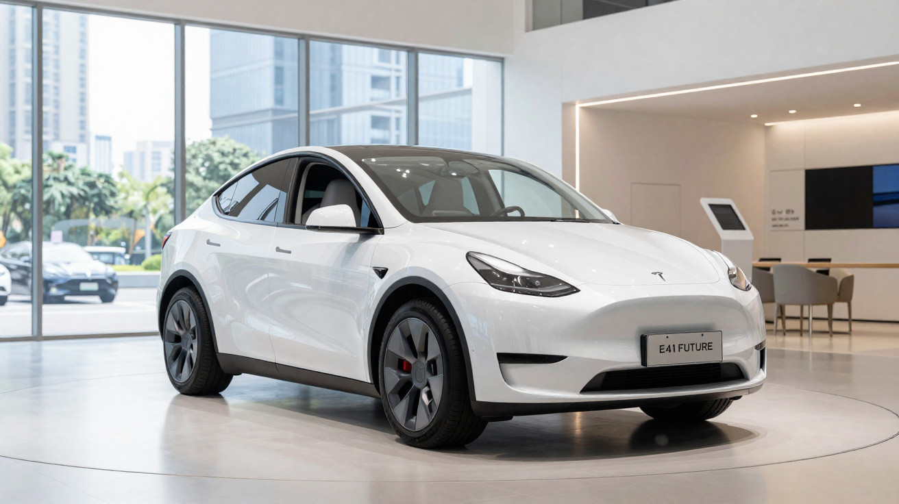 White Tesla Model Y electric car displayed indoors with large windows showing urban buildings outside.