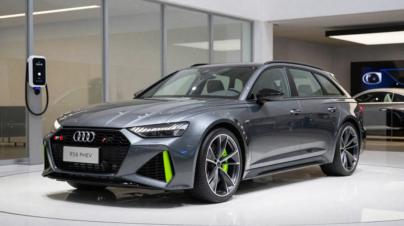 Grey Audi RS6 PHEV estate car displayed indoors next to an electric vehicle charging station.
