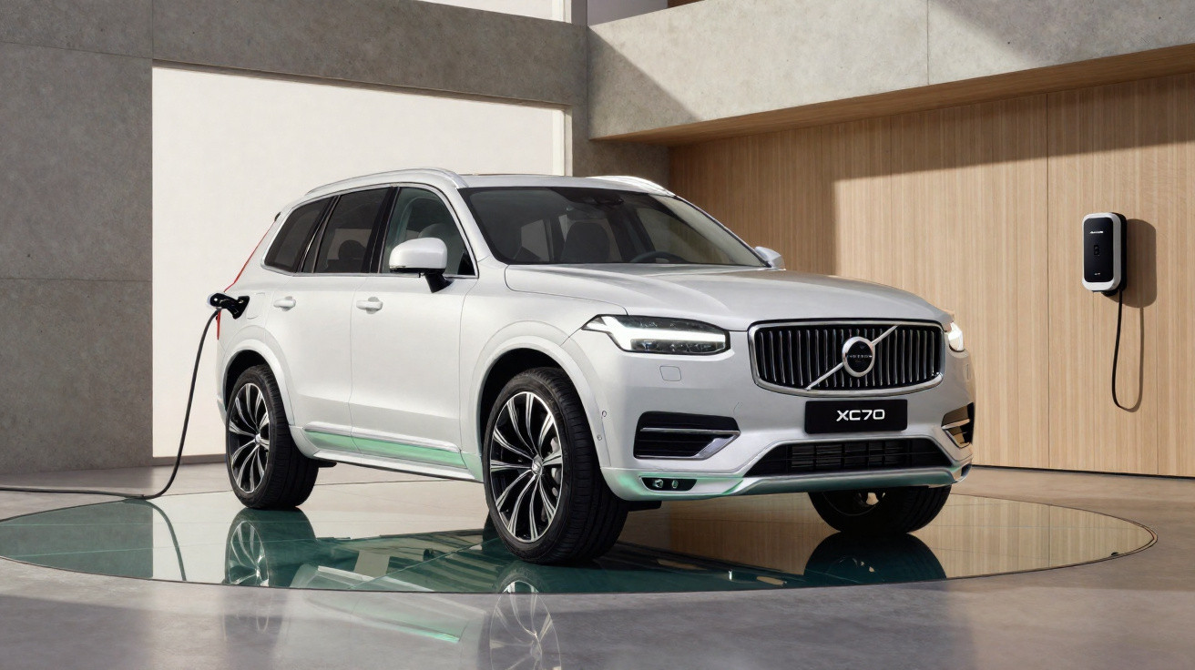 White Volvo XC70 electric SUV charging inside a modern garage with wood panel and concrete walls.