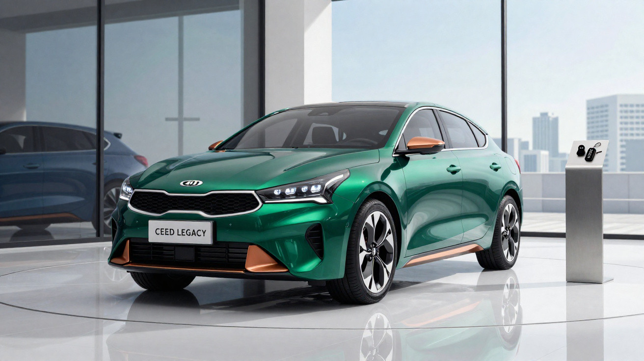 Green Kia Ceed Legacy hatchback displayed indoors with city skyline visible through large windows.