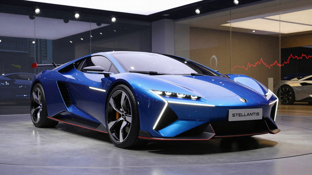 Blue Stellantis electric sports car displayed in a showroom with modern lighting and reflections.