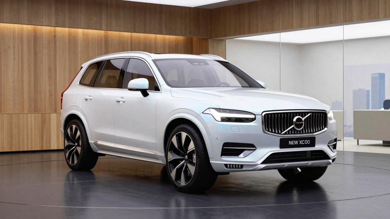 White Volvo XC90 SUV displayed in a modern showroom with wooden panel walls and large glass windows.