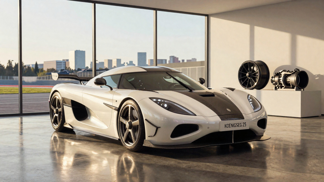 White Koenigsegg supercar inside a showroom with large windows and car parts displayed on the right side.