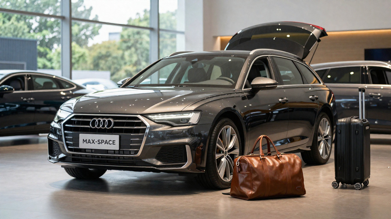 Black Audi estate car with open boot and luggage inside a showroom.