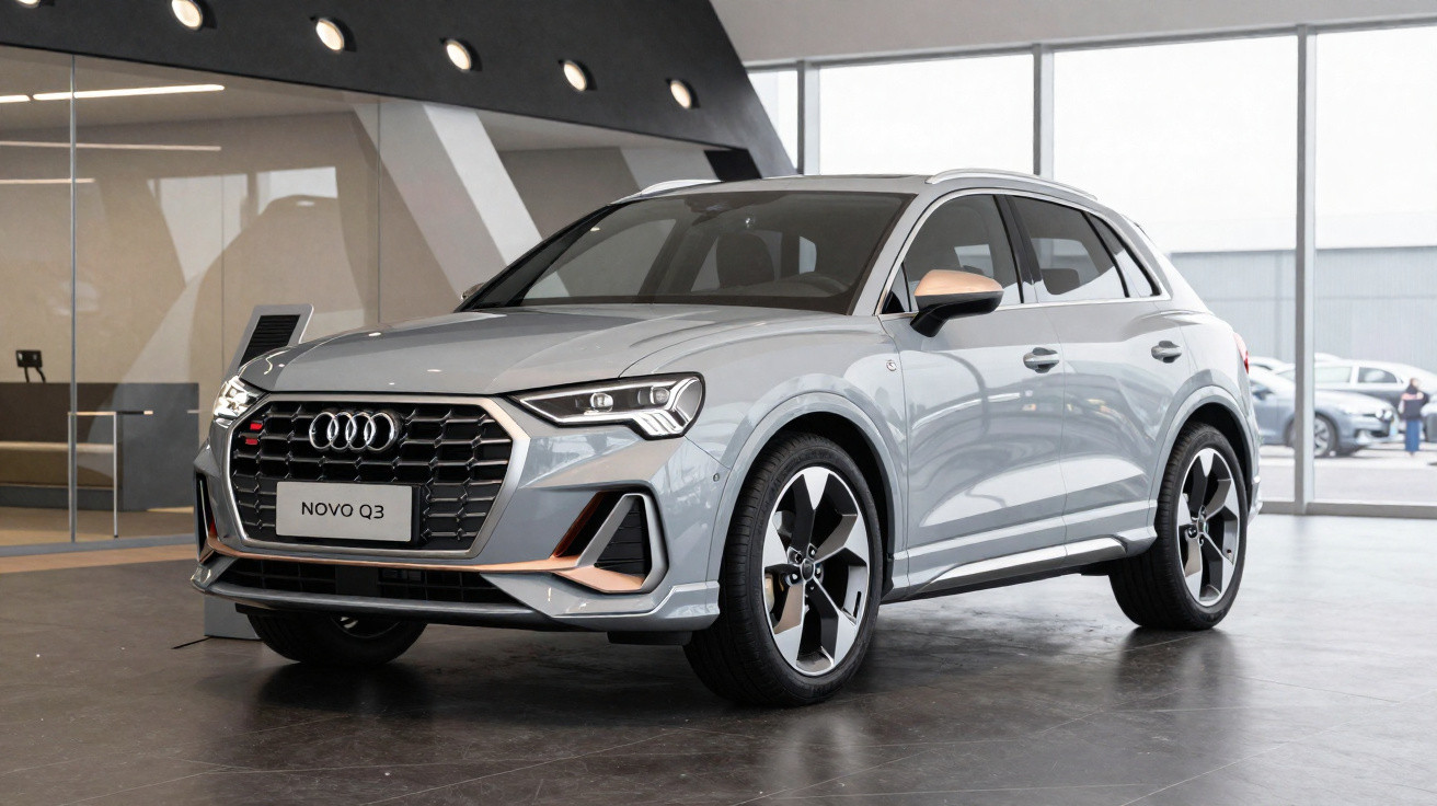 Silver Audi Q3 SUV displayed inside a modern showroom with large windows and polished floors.