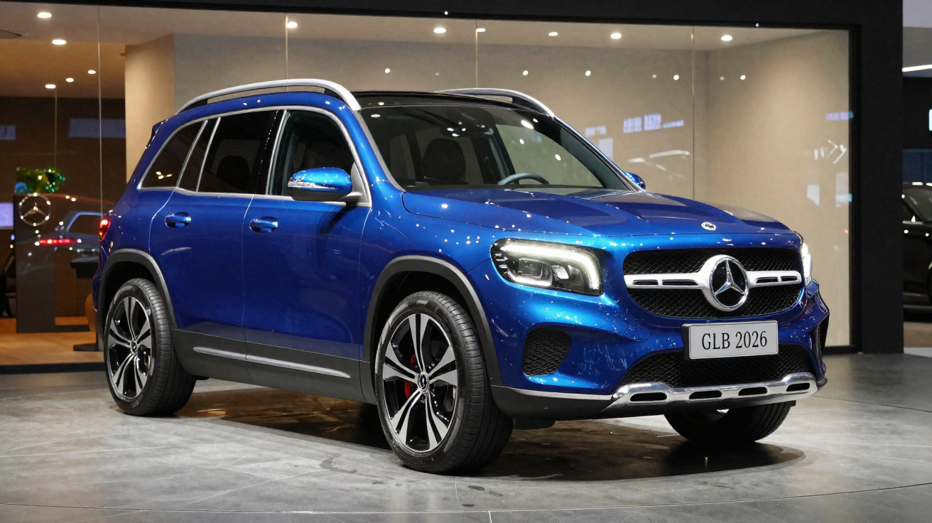 Blue Mercedes-Benz GLB 2026 model SUV parked indoors with modern showroom lighting and glass walls.
