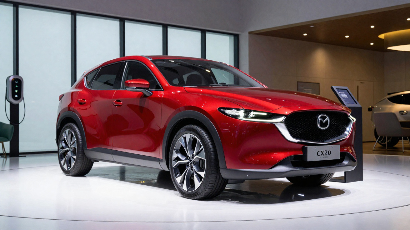 Red Mazda CX-20 electric SUV displayed indoors with charging station in the background.