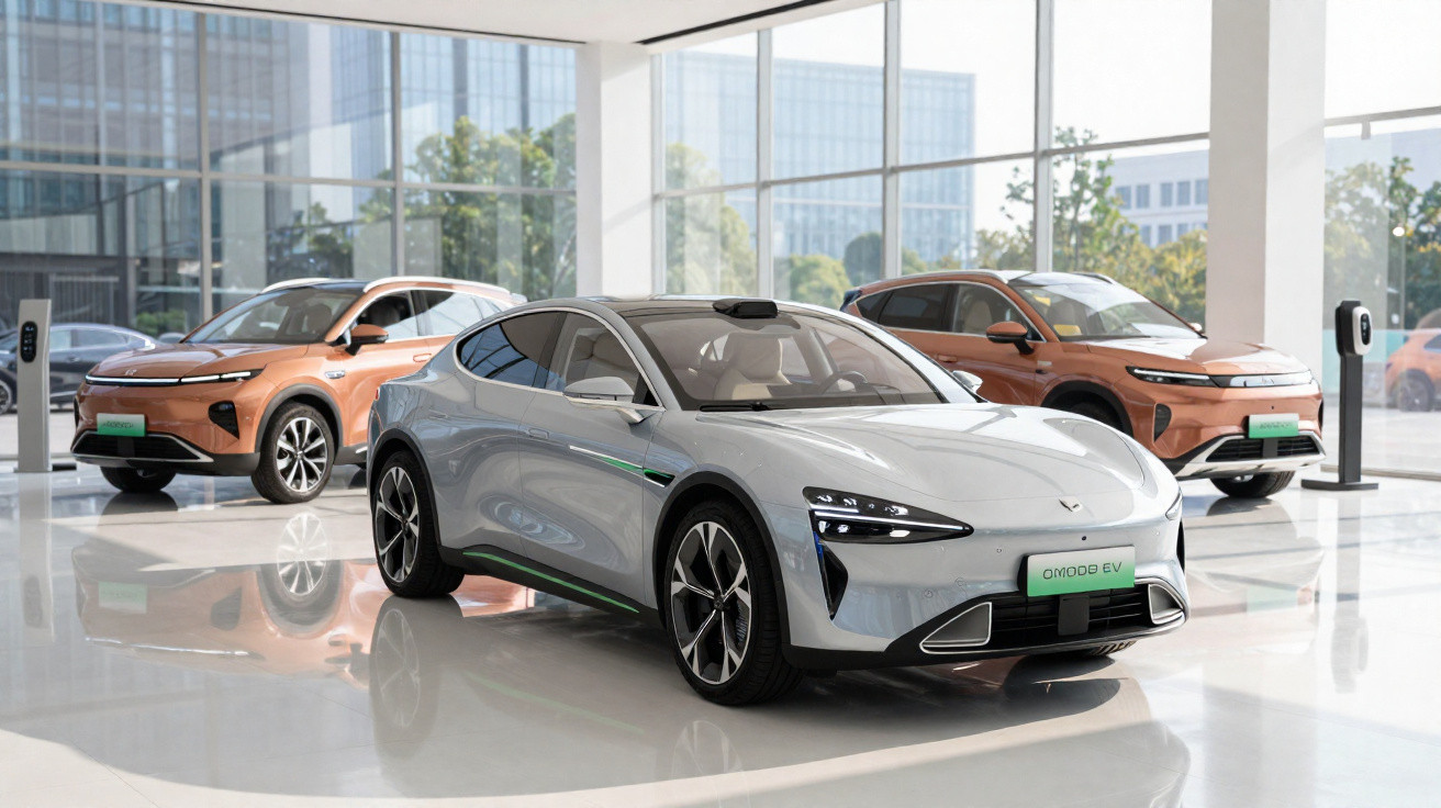 Three modern electric cars on display inside a bright showroom with large glass windows.