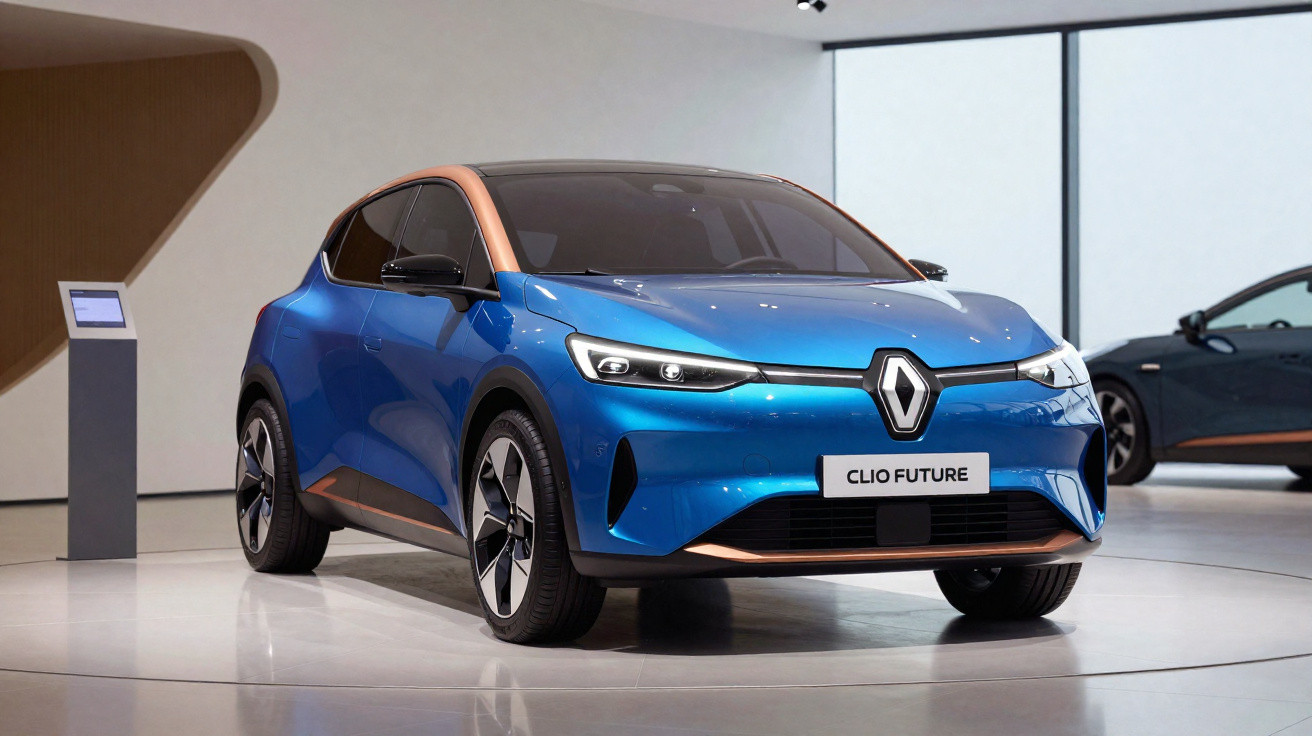 Blue and copper Renault Clio Future electric car displayed in a modern showroom with reflective floor.