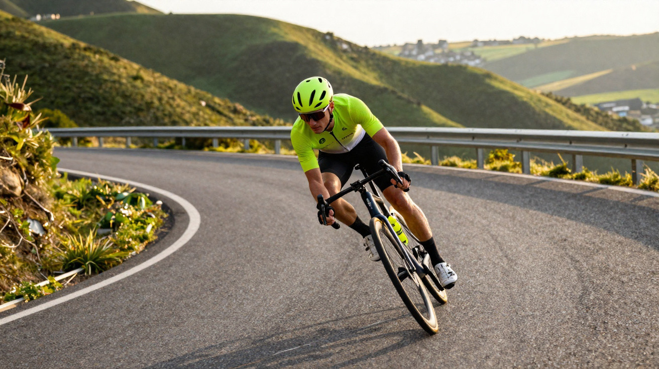 Cyclist wearing bright yellow gear leaning into a sharp bend on a winding rural road with green hills background.