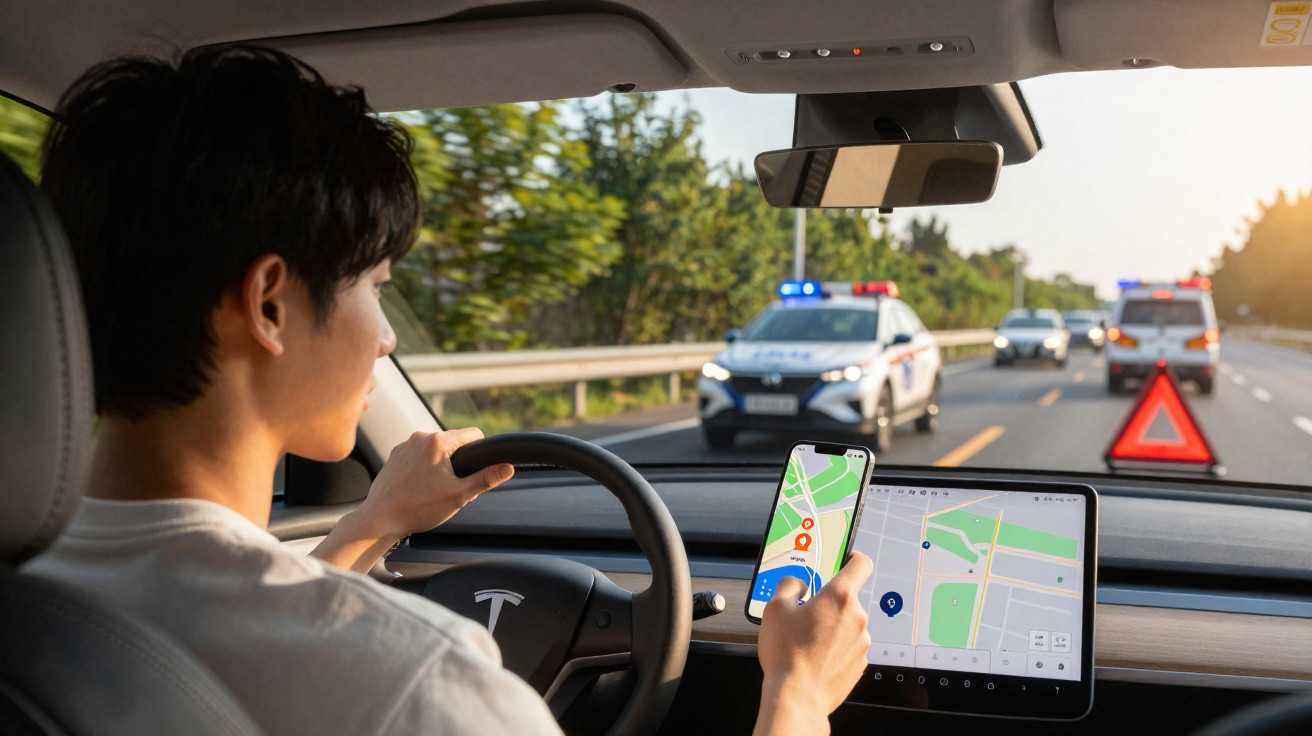 Driver holding phone with navigation app inside Tesla, emergency vehicles and warning triangle ahead on road.