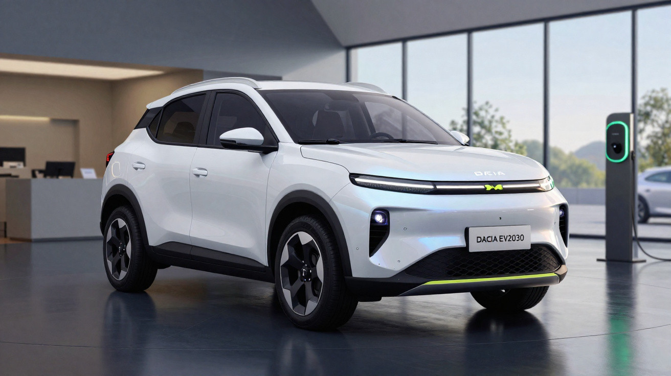White Dacia EV2030 electric SUV parked indoors near a charging station with large windows in the background.