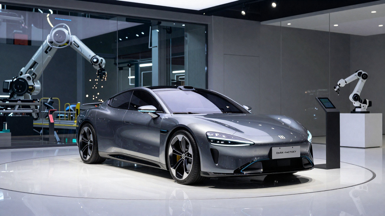 Sleek grey electric sports car displayed in showroom with robotic arms in the background.