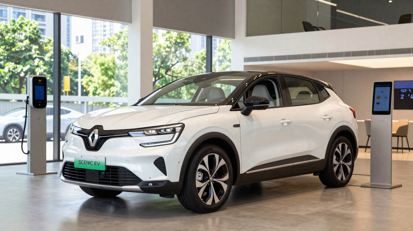 White Renault Scenic EV electric car on display in a bright showroom with charging stations visible.