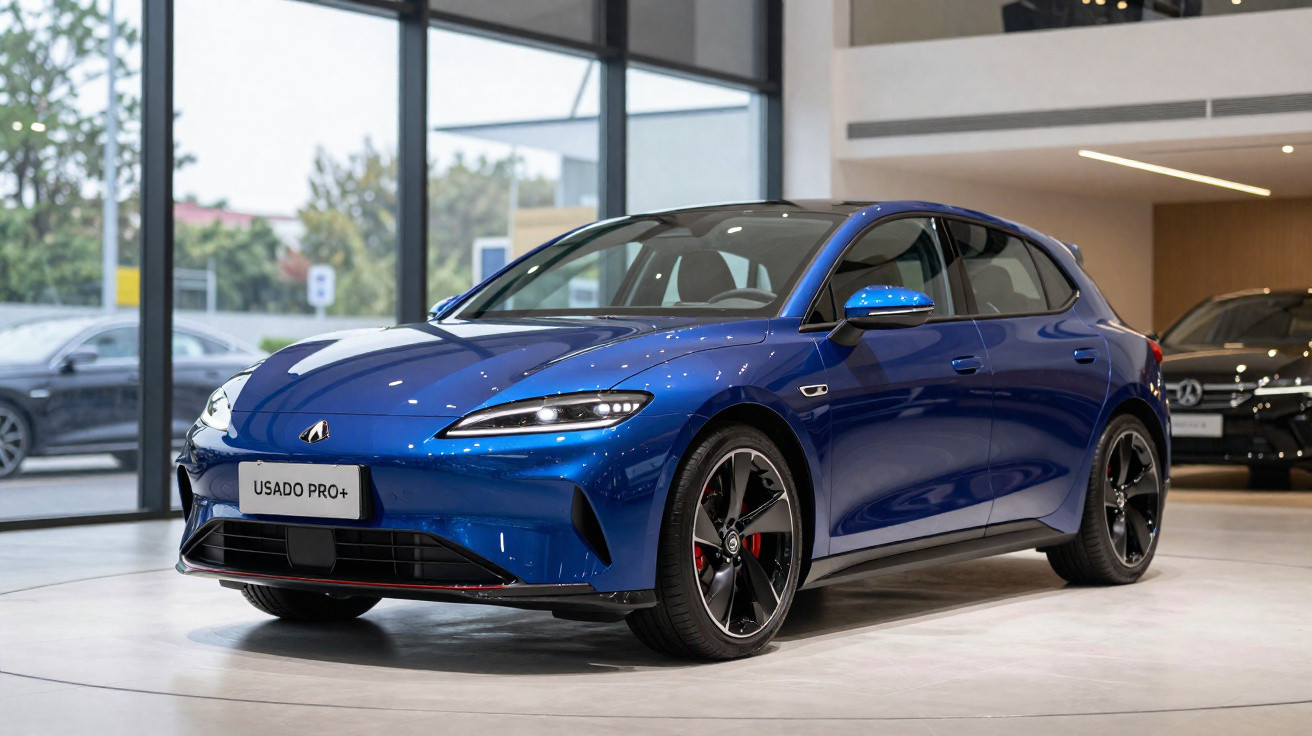 Blue sleek electric hatchback car displayed indoors with large windows and other vehicles in the background.