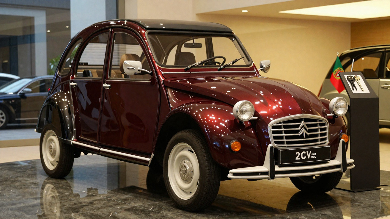 Classic maroon Citroën 2CV vintage car displayed indoors with cream interior and black roof.