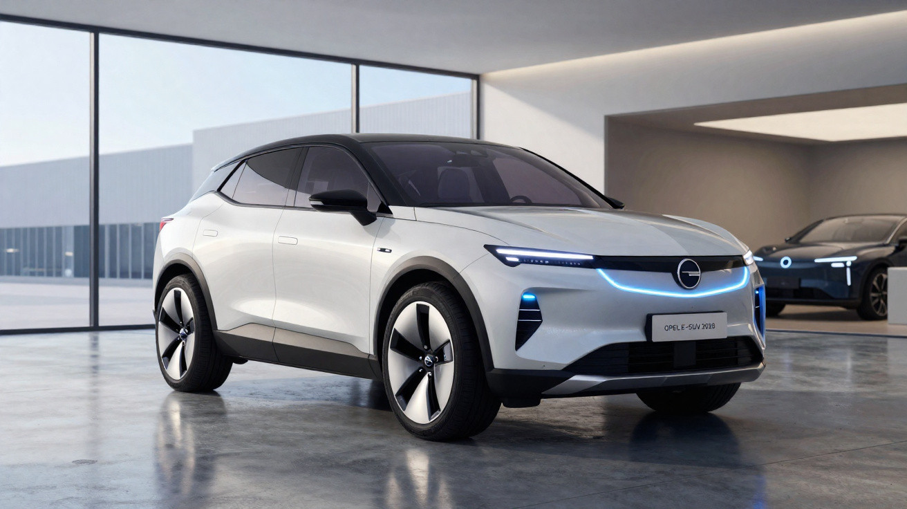 White Opel electric SUV with black roof and illuminated front lights parked inside a modern showroom.