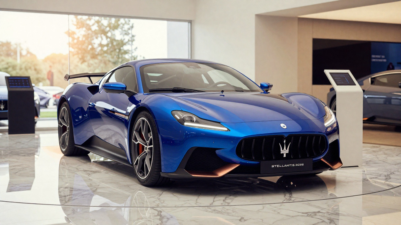 Blue Maserati sports car displayed indoors on a polished marble floor near informational stands.