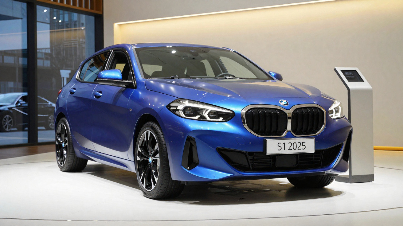 Blue BMW S1 2025 model hatchback displayed indoors on white platform with information stand beside it.