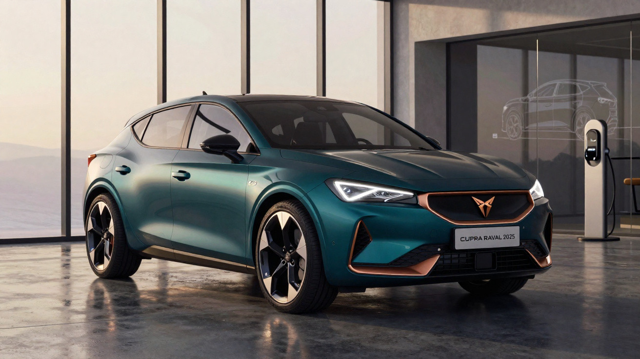 Green Cupra Raval 2025 electric car parked inside a showroom with large windows and a charging station nearby
