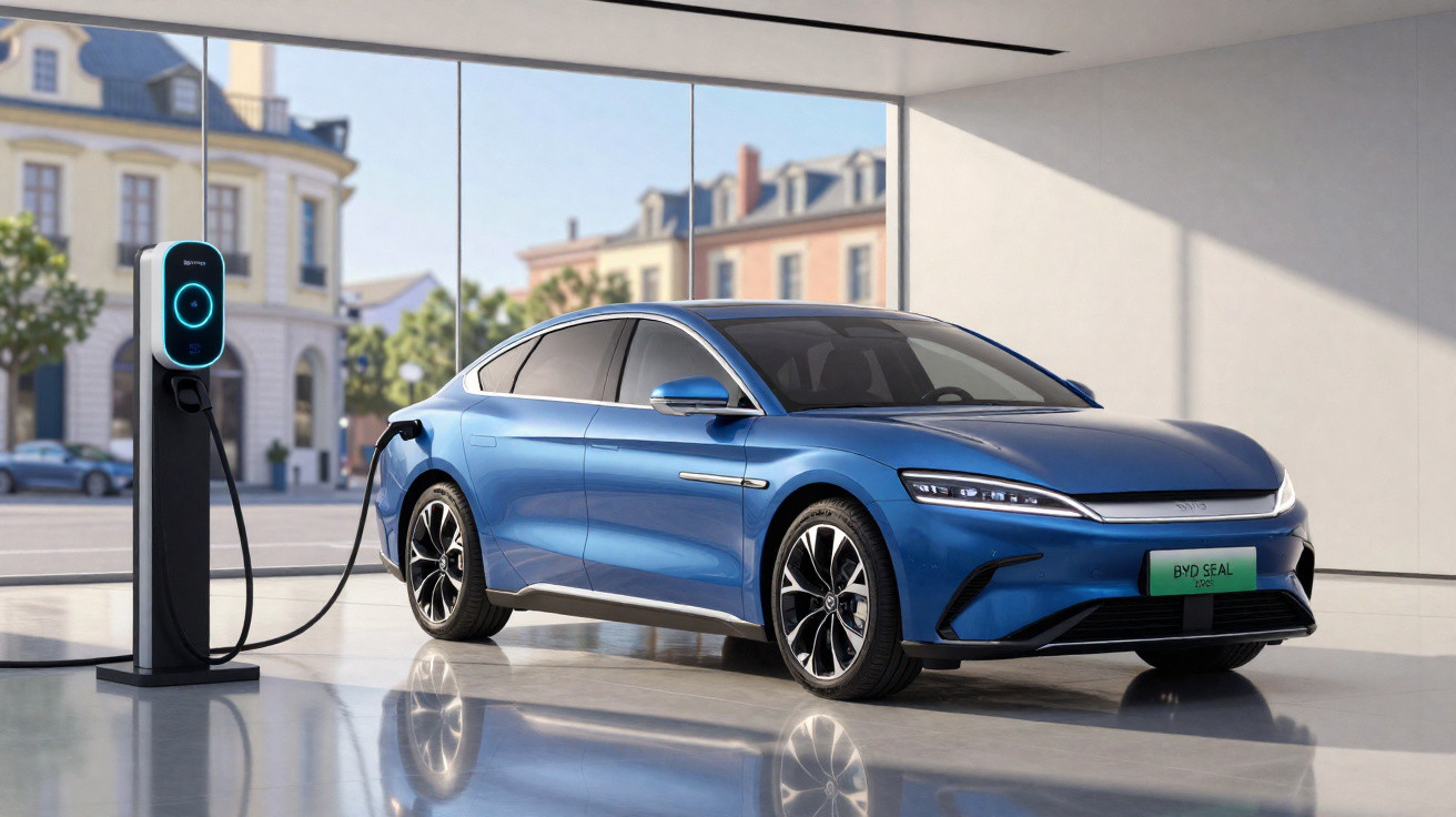 Blue electric sedan charging at a station inside a modern showroom with large windows and cityscape outside.