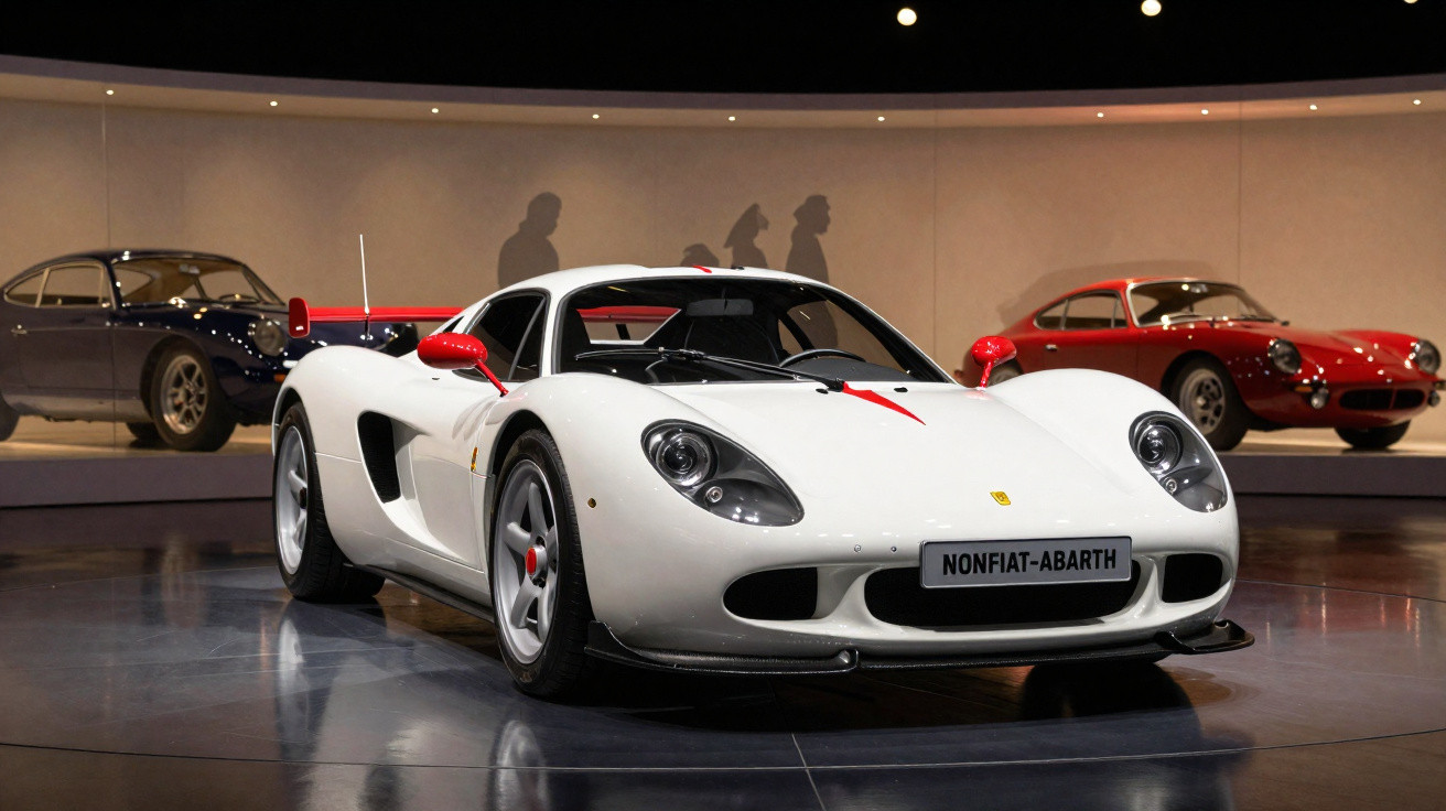 White sports car with red accents on display in a museum, flanked by classic cars in the background.