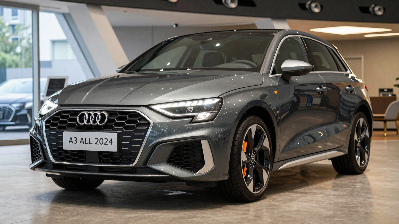 2024 grey Audi A3 Allroad parked indoors with modern showroom interior in the background