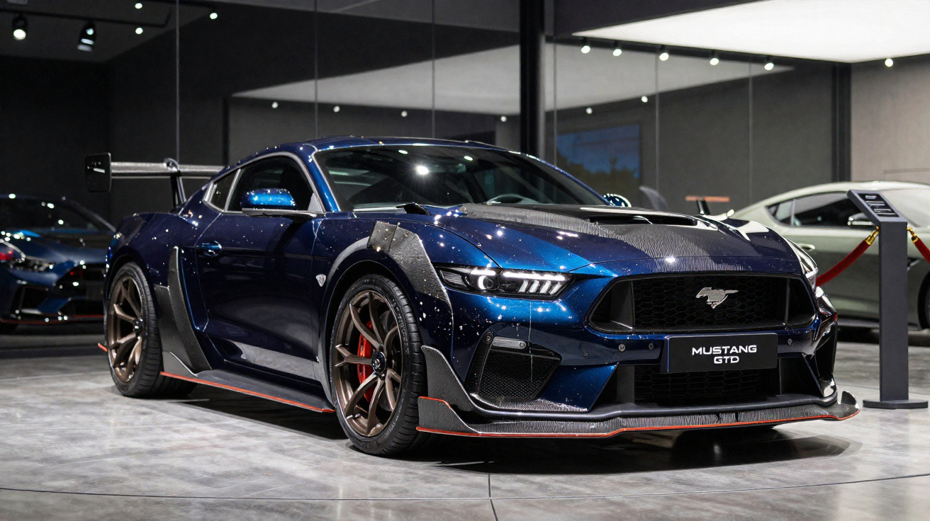 Dark blue Ford Mustang GTD with carbon fibre accents displayed in a showroom with polished floors and dark walls.