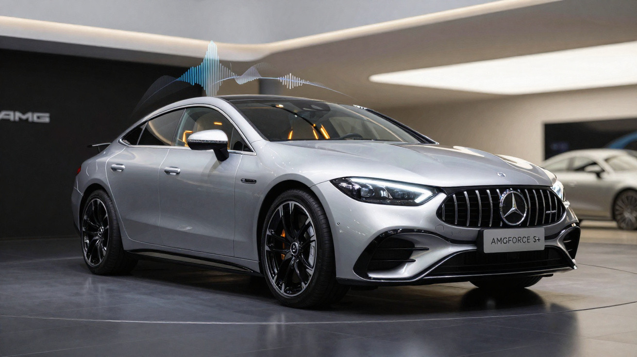 Silver Mercedes-AMG sedan with black alloy wheels displayed in a modern showroom with AMG branding.