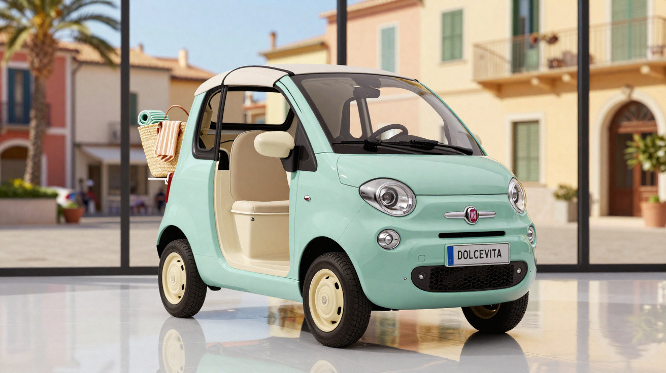 Mint green compact Fiat car with open side door and a picnic basket on the back in a sunny town square.