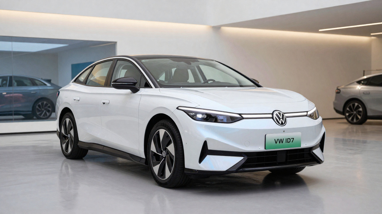 White Volkswagen ID.7 electric sedan parked in a modern showroom with another car in the background.