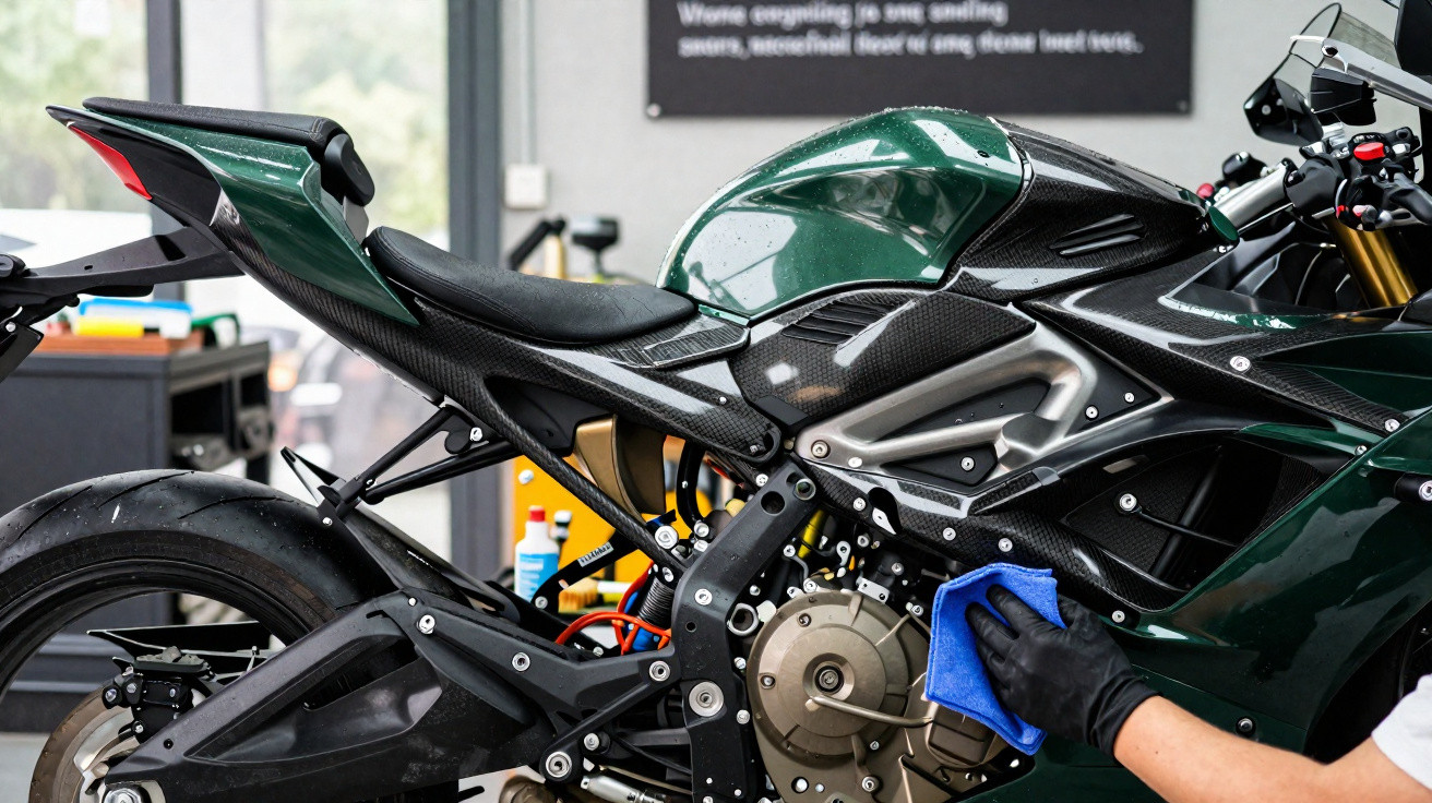 Close-up of a person cleaning the engine area of a green sports motorcycle with a blue cloth.