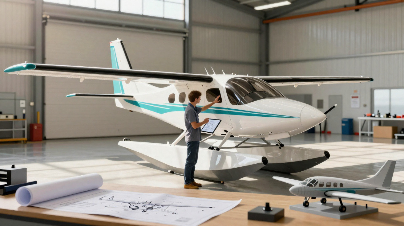 Man inspecting small white seaplane with blue stripes in a spacious, well-lit aircraft hangar.