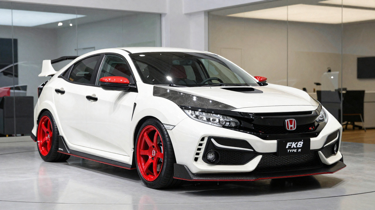 White Honda Civic FK8 Type R with red accents and sporty design parked indoors on a polished floor.
