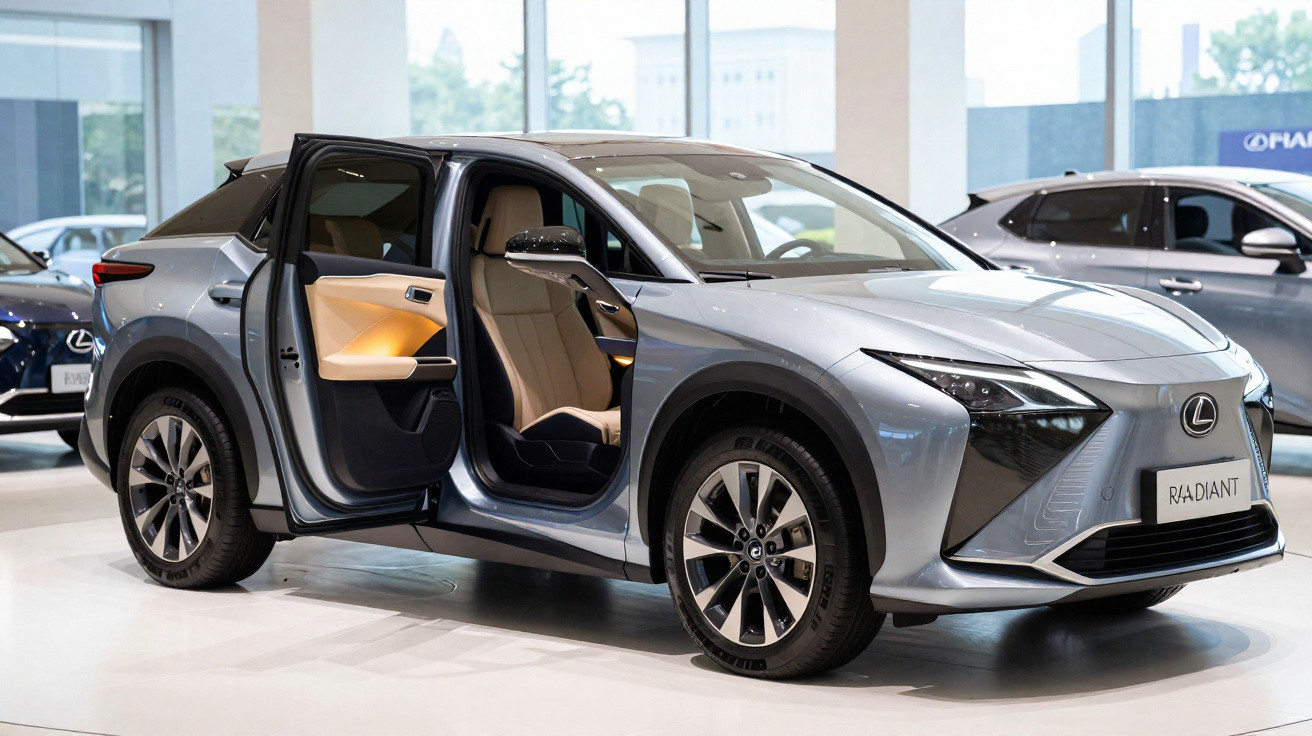 Silver Lexus RZ 450e electric SUV with open front passenger door displayed in showroom.