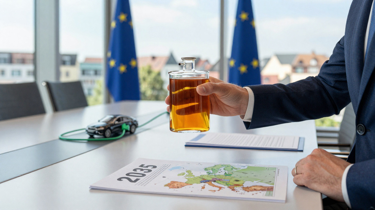 Person in suit holding a flask of amber liquid with a 2035 Europe map and EU flags in the background.