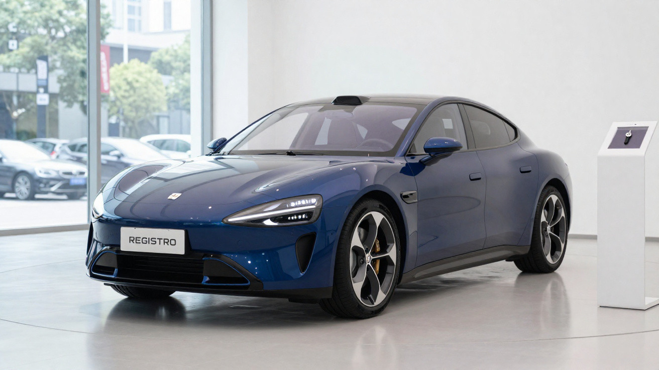 Blue electric luxury sports car displayed in a modern showroom with digital podium nearby.