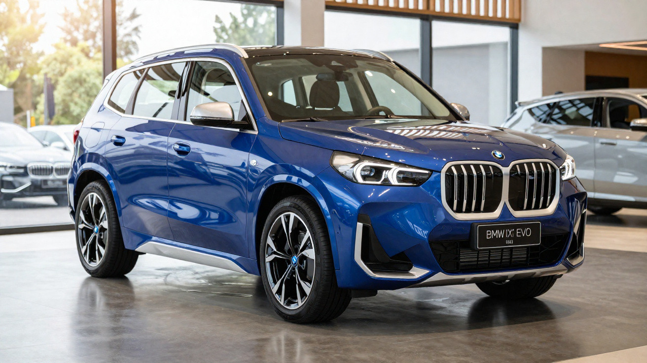 Blue BMW iX1 EVO electric SUV displayed in a showroom with modern interior and large windows.