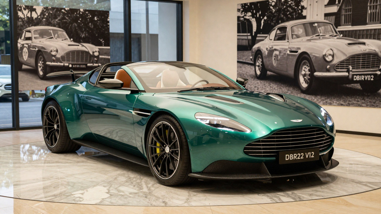 Green Aston Martin DBR22 V12 sports car displayed indoors with vintage Aston Martin car photos in background.